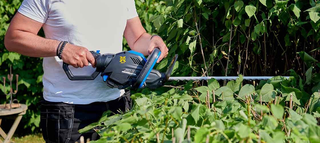 Person using a battery-powered hedge trimmer to trim a green hedge in the garden.